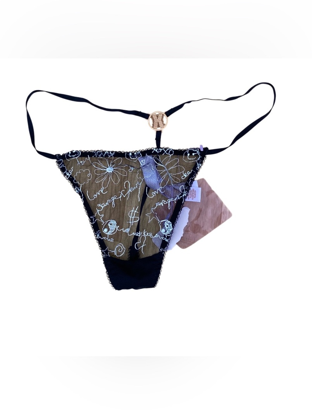 SAVAGE X Fenty Dear Diary Black Mesh White Embroidery Thong NWT Size L